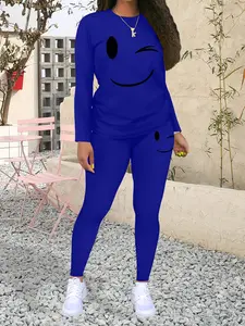 Women's Smiling Face Pattern Print Casual Sportswear Set, Athletic Fashion Activewear, Long Sleeve Top + Tight Pants, Fitted Regular Length, Fall & Winter Fashion