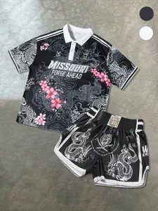 Men's Polo Short Sleeve Set, Dragon Print, Casual Matching Set, Casual Summer, Fitted Regular Length, Medium Fabric Thickness, Street Fashion
