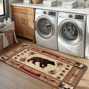 1Pc Retro Nature Totem Bear-Moose Faux-Cashmere Accent Rug, Quiet Stain-Resist Floor-Safe, Kitchen-Entry-Bath-Bed-Living Ready, Machine-Wash Wild Décor Multi-Size