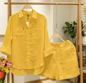 Women's Collared Long Sleeve Shirt & Shorts 2-Piece Set, Relaxed Fit Tummy Control Breathable Outfit for Summer Vacation, Beach Holiday, Casual Everyday Wear in Multiple Colors, Lightweight & Soft Fabric for Women