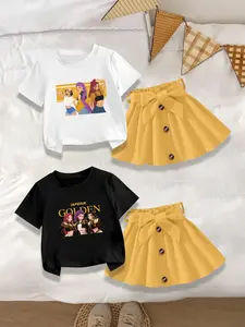 4 pieces: Girls' casual cute crew neck short-sleeve T-shirts and skirt sets, with Witch Hunter Group "KPOP" themed prints, trendy and sweet summer outfits