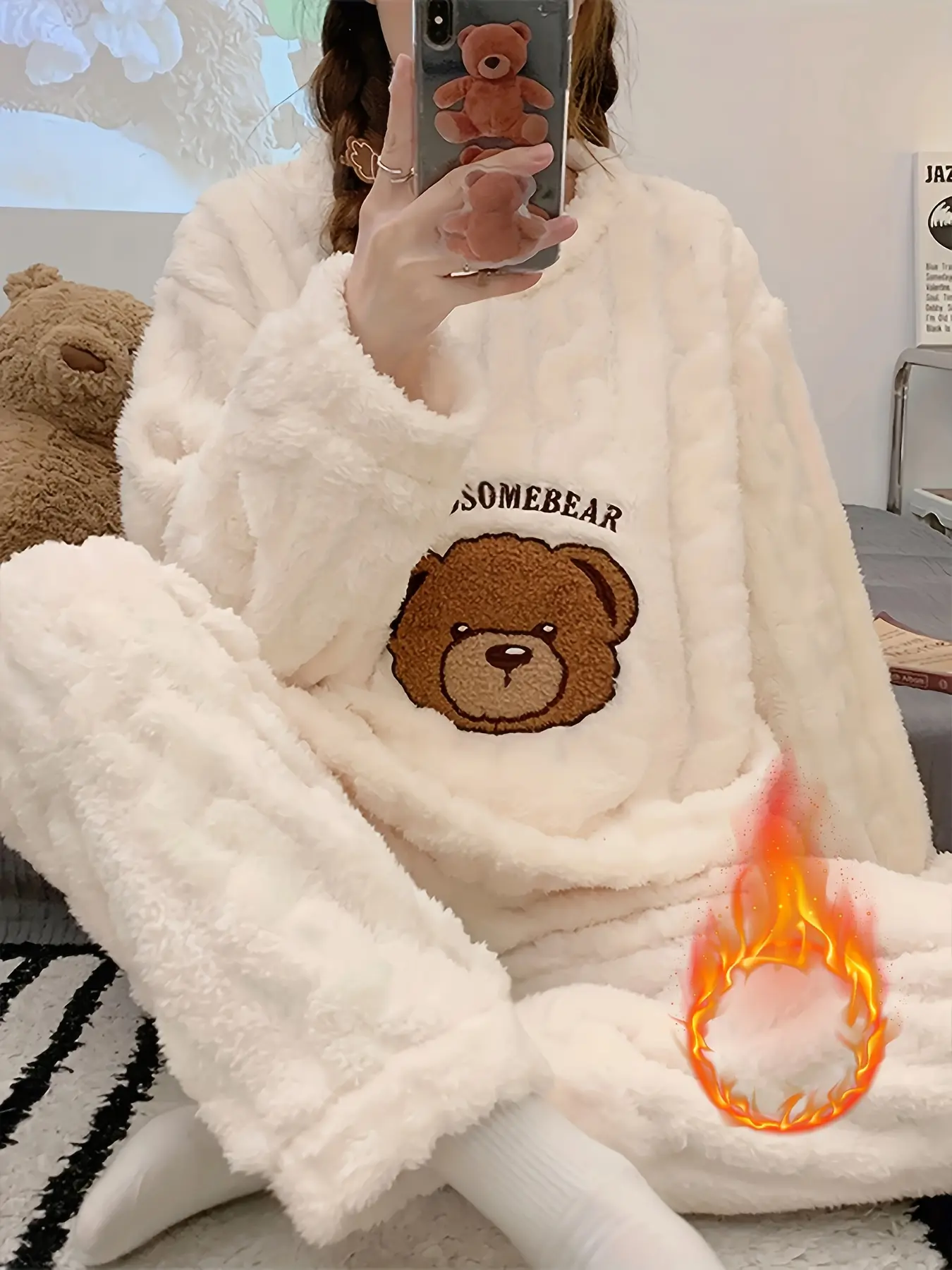 2-Piece Women's Warm Long Sleeve Sleepwear Set, Cute Embroidered Teddy Bear Design, Fluffy Loose Casual Home Wear for Comfort, Pajama Set Loungewear Homewear, Casual Style Loungewear