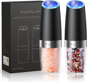 FORLIM Gravity Electric Salt and Pepper Grinder Set, Automatic Pepper Grinder Shakers Mill, Upgraded Batteries Powered Adjustable Coarseness with LED, One Hand Operation Perfect for Kitchen(Black)