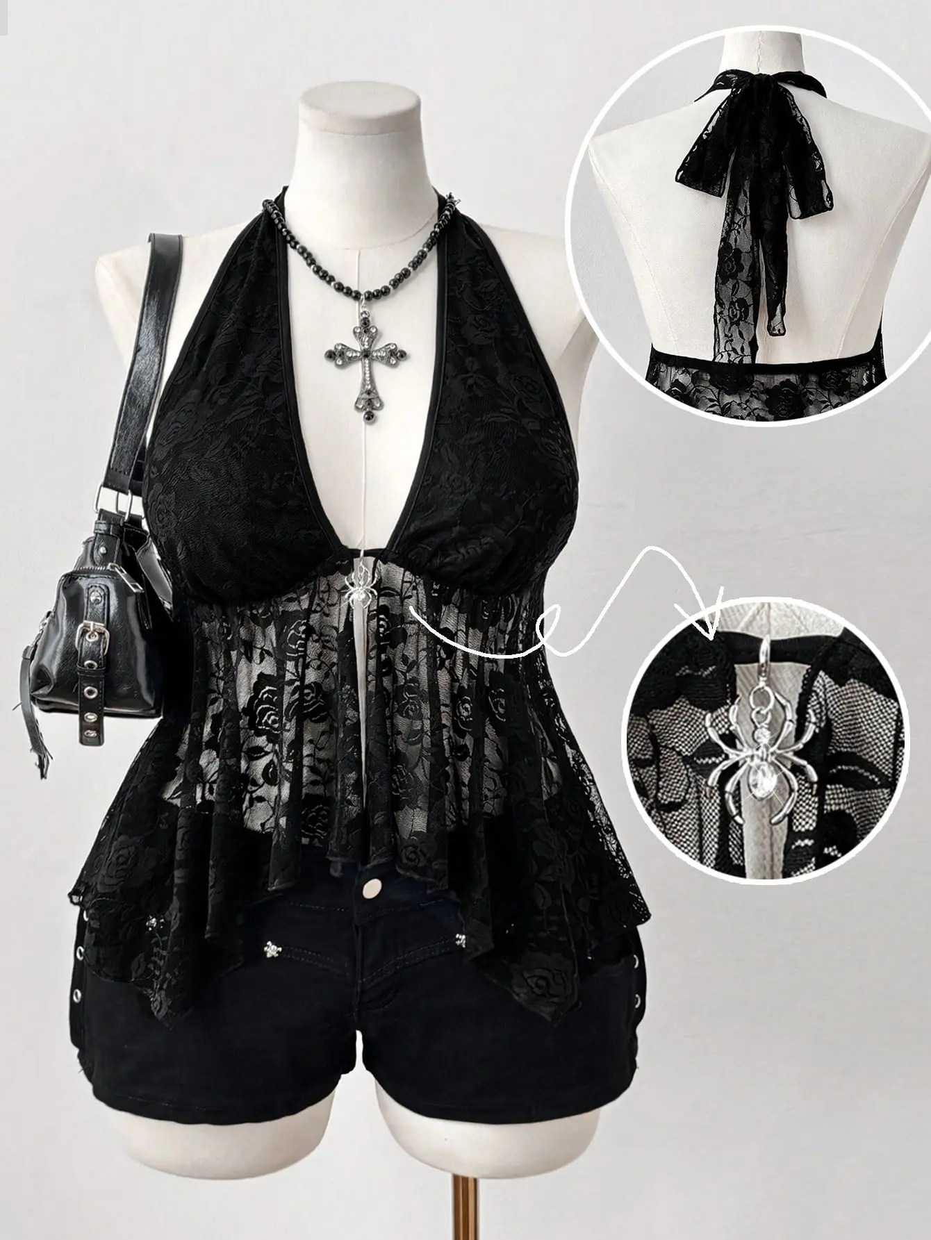Sunspun Plus Size Women's Spaghetti Strap Irregular A-Line Lace Hollow See-Through Spider Decor Punk Retro Casual Street Camisole Top