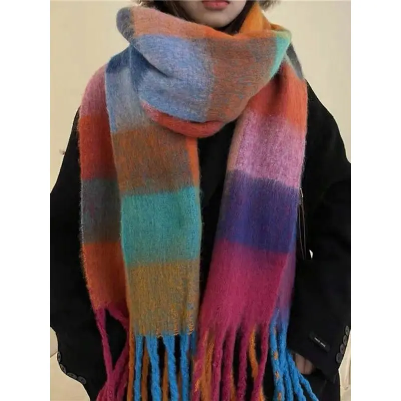 Female Multicolor Plaid Scarf - Elegant Thick Mohair Tassel Shawl, Soft Warm Generous Size Large Dimensions Fitted Wrap for Fall Winter, One Size Fits All, Warmth Boost
