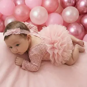 Newborn Photography Props Newborn Lace Romper Set with Floral Accent Detail and Matching Headband – Infant Baby Girl Outfit for Photoshoot