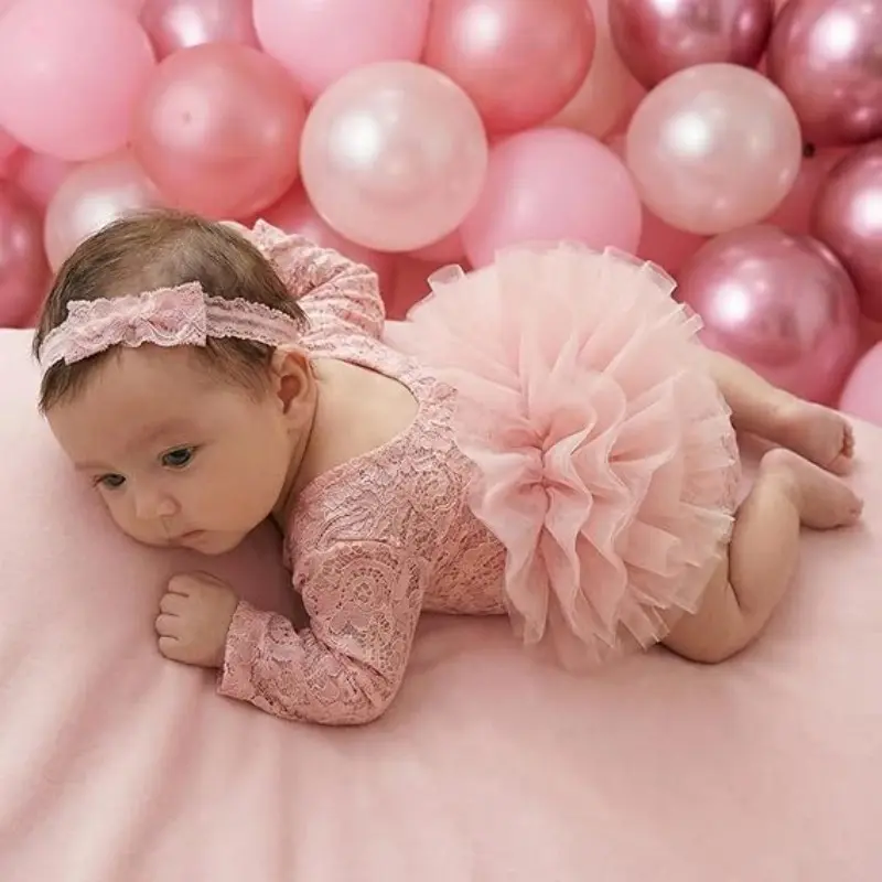 Newborn Photography Props Newborn Lace Romper Set with Floral Accent Detail and Matching Headband – Infant Baby Girl Cute Outfit for Photoshoot Baby Clothing Gift Sets