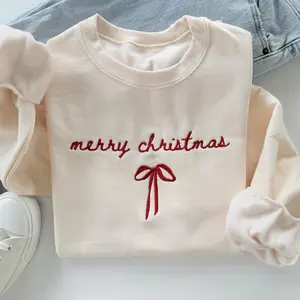 Embroidered Christmas Sweatshirt, Merry Christmas Bow Sweatshirt PU3