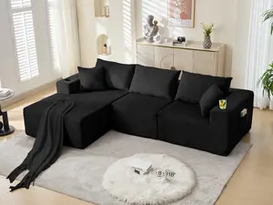 107" Cloud Sectional Couch, Modular Sectional Sofa with L-Shape Chaise, Corduroy Boneless Couch with Deep Seat, Upholstered Sofa for Living Room, No Assembly Required(Left-Facing Chaise, Black)