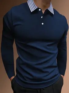 Men's Casual Patchwork Polo Shirt, Classic Plaid Collar Colorblock Design, Fashionable and Comfortable, Ideal for Leisure and Sports Activities