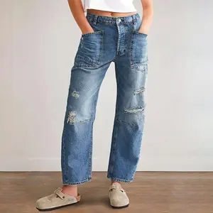 Women's Retro Ripped Patchwork Loose Straight-Leg Denim Pants for Casual Wear Blue Cotton Fabric