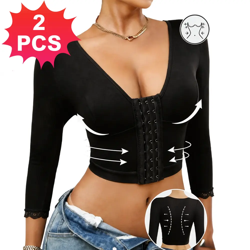 2PCS Arm Shaper for Women, Arm Compression Bra, Post Surgery Arm Lipo Compression 3/4 Sleeves with Lace Arm Front Closure Shapewear Bra