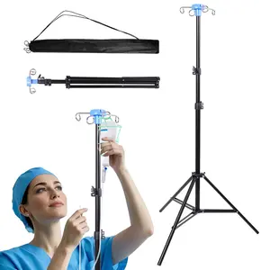Foldable Adjustable Height IV Pole Stand with 4 Hooks Tripod Medical IV Drip Infusion Bag Holder for Home Care Hospitals Clinics Travel Black