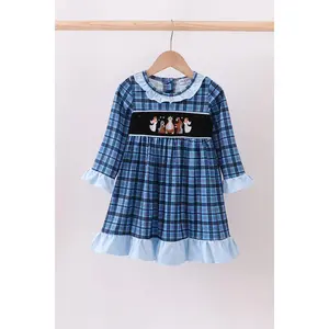 Navy nativity embroidery plaid ruffle dress