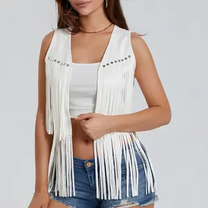 Women Hippie Waistcoat Vest Lightweight Solid Color Open Front Sleeveless Jacket with Tassel for Streetwear Outerwear