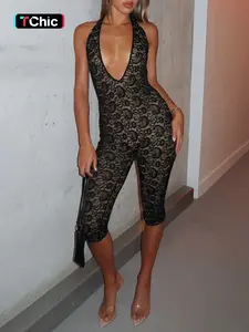 Women‘s Contrast Lace Floral Solid Tie-neck Capri Halter Romper Jumpsuit, V Neck Sexy Cut Out Backless Lace-up Plain Slim Fit Rompers Short Jumpsuits, Party Club Date Holiday Daily Casual Elegant One-piece Set Playsuits For Ladies Summer Fashion Clothes