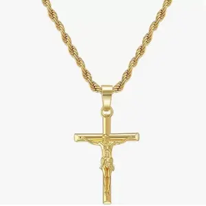 Cross Necklace 18K Gold Plated Cross Pendant with 3mm 22" Rope Chain for Men Women Religious Gift for Easter Christmas Valentine‘s gift