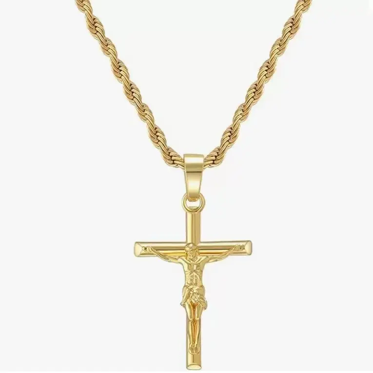 Cross Necklace 18K Gold Plated Cross Pendant with 3mm 22" Rope Chain for Men Women Religious Gift for Easter Christmas Valentine‘s gift