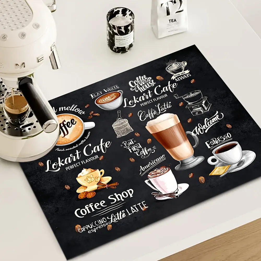 Retro Bohemian Printed Tableware Dish Coaster - 3mm Thick Diatomaceous Earth, Rubber Base, "Latte Time" Design, Spill-Absorbent Mat for Kitchen Countertop, Coffee Maker Use, Fabric, Animals