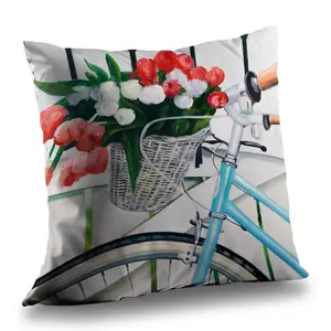212 MAIN Floral Motif Bicycle Pillow - 14x14 in Standard Size, Vibrant Tulip Print, Poly Twill Weave Soft Furnishing, Bedroom Use, Whimsical Transportation-Themed Home Decor, Model C1PT1414SXZRN4
