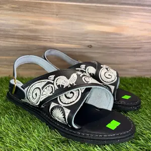 Black Embroidered leather Sandals/huaraches with Adjustable Straps and Comfortable Sole