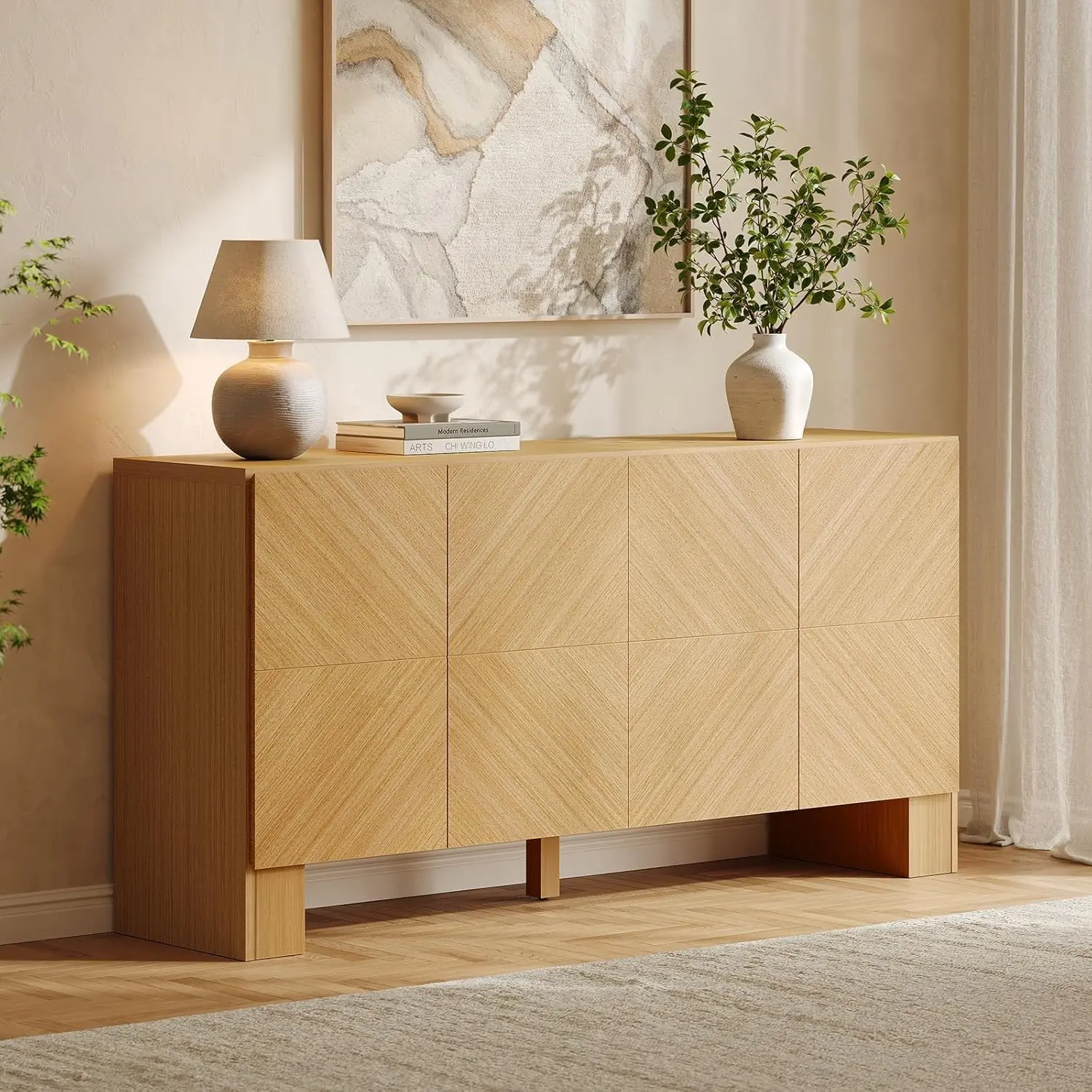 [2 Packages Shipping] ModernMate 63" Natural Oak Buffet Cupboard - Indoor Storage Cabinet with 4 Doors, Adjustable Shelves, Oak Grain Sideboard for Kitchen, Dining Room