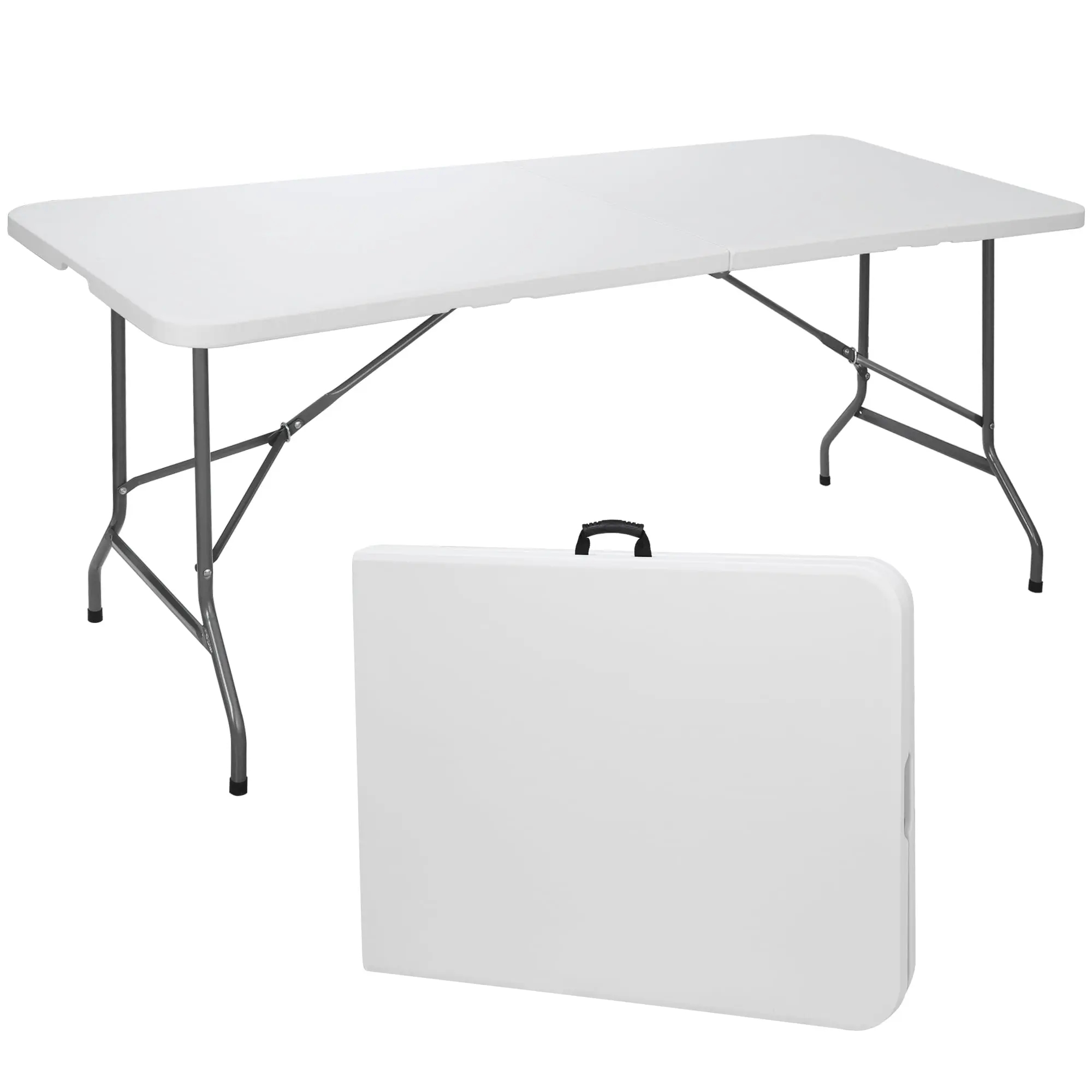 Outdoor Foldable Game Table - 6ft (71"x27") Portable Camping Table with Quick Setup, Steel Legs, White for Picnic, Beach,summerwins