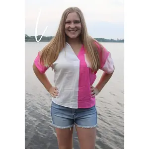Pink and White Colorblock Top