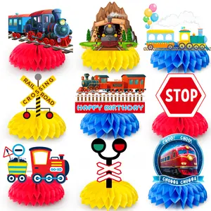 Train Honeycomb Centerpiece, 9 Pcs Train Party Decorations Honeycomb Centerpieces Kit- Train Party Honeycomb Centerpiece, Train Birthday Honeycomb Centerpieces for Chugga Chugga Two Two Party Decorations