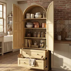 Garvee 72"H Arched Kitchen Pantry with 2 Drawers, Farmhouse Wooden Tall Kitchen Storage Cabinet w/ 2 Doors & 3 Shelves, Versatile Freestanding Food Cupboard for Kitchen, Dining Room, Natural