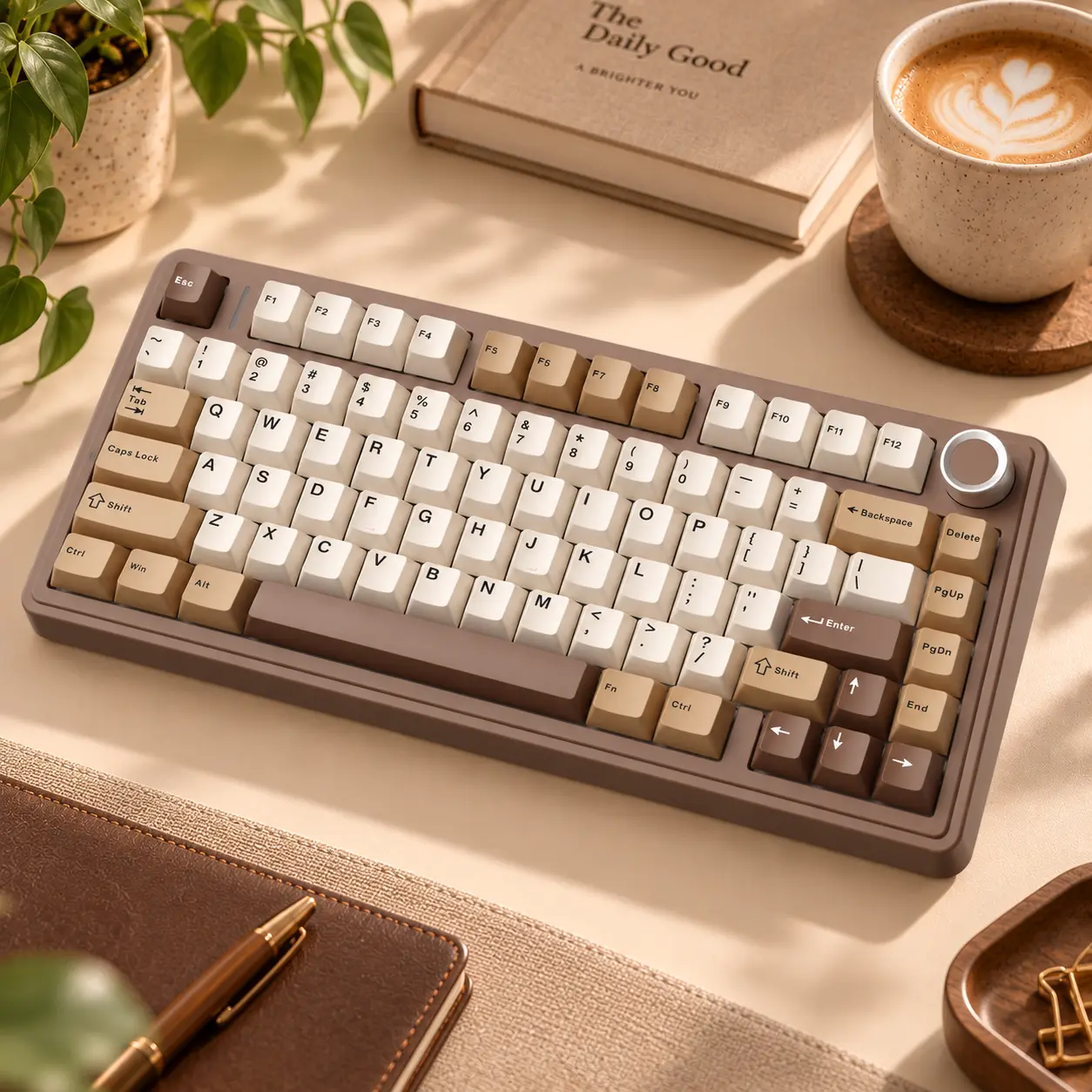 AULA F75 Aesthetic Wireless Mechanical Keyboard, 75% Creamy Keyboard for Desk Setup, Hot-Swappable with Knob, Bluetooth/2.4G/Wired, RGB Backlit, Pre-Lubed Linear Switches - Mocha Brown