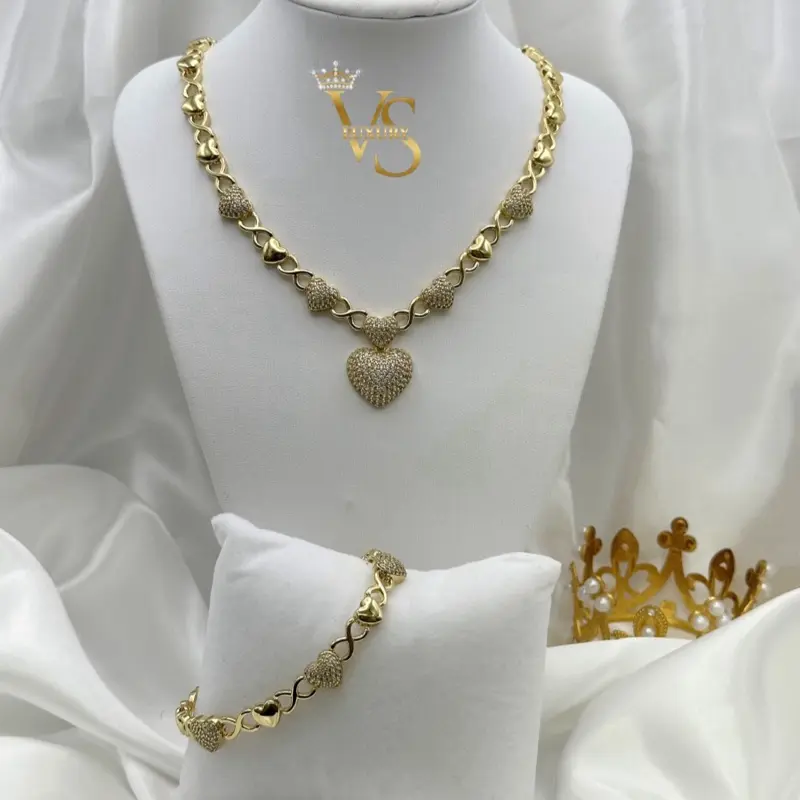 Valdes Luxury Heart Link Necklace & Bracelet Set – 14K Gold Plated, Sparkling Heart Design, Matching Set for Women, High Quality Daily Wear