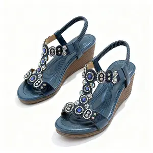 Women Elegant Comfy Navy Blue Summer Sandals, Open Toe Strap Slingback Platform Wedge Heel Sandals, Business OL Vacation Travel Outdoor Daily Versatile Summer Dressy Shoes Plus Size