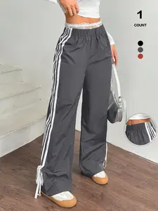 2026 Spring Summer Women's Wide-Leg Track Pants - Multi-Color Options, Side Striped Design, High Waist Elastic Waistband with Drawstring, Lightweight Quick-Dry Fabric, Casual Y2K Style Cargo Pants