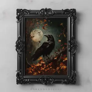 Full Moon Raven in Autumn Art Print, Crow Art, Dark Academia Decor, Dark Cottagecore, Fall Leaves, Autumn Colors Bird Print, Halloween Art W