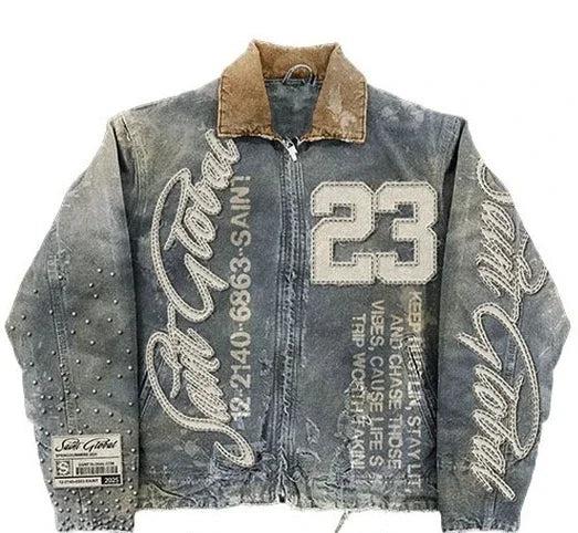 American Vintage Embroidered Faux Leather Jacket Mens Hip Hop Motorcycle Jacket Rivet Patch Eagle Pattern Flame Embroidery Y2K Style