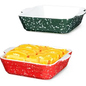 5.5" Square Baking Dish Set, 2-Pack Small Baking Pan 13oz Mini Casserole Dish for 1~2 Baking & Serving (Red&Green)