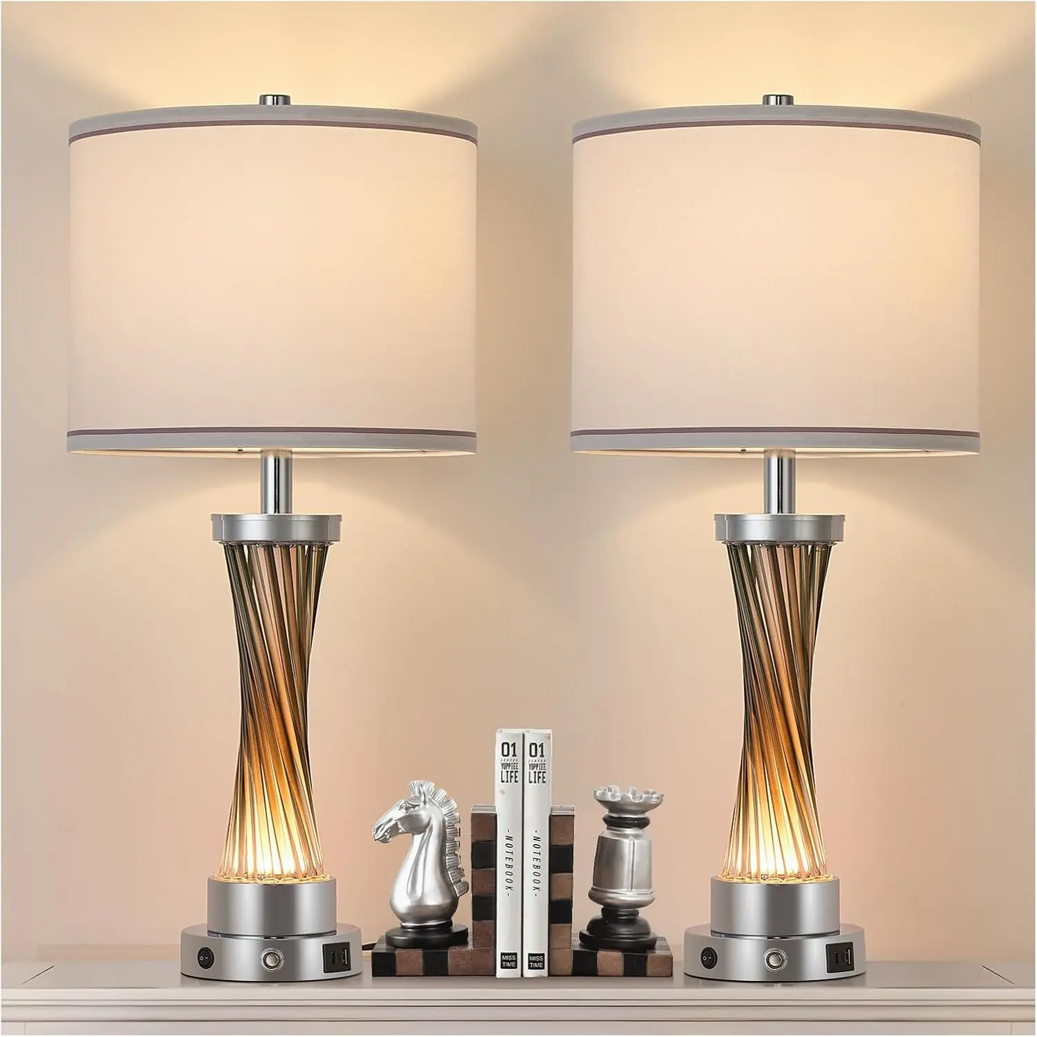 3-Way Dimmable Table Lamp Set of 2,Touch Control Lamp with Night Light,Modern Crystal Table Lamps for Bedroom,Living Room,Bedside Lamps with USB A+C Ports,Fabric Lampshade(Blubs Included)