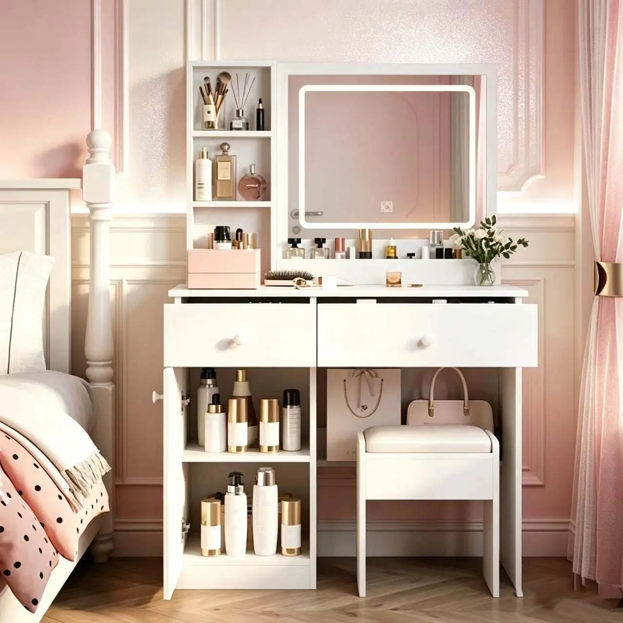 [Bellemave]Fashion Vanity Desk with Mirror and Lights for Makeup, Vanity Mirror with Lights and Table Set with 3 Color Lighting Brightness Adjustable, 2 big Drawers, White Color