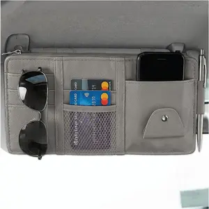 Sun Visor Organizer, Multifunctional Auto Visor Storage Bag with Net Pocket & Eyeglass Clamp,  Multi-Pocket Storage Pouch Ticket Organizer for  Sun Visors (Gray)