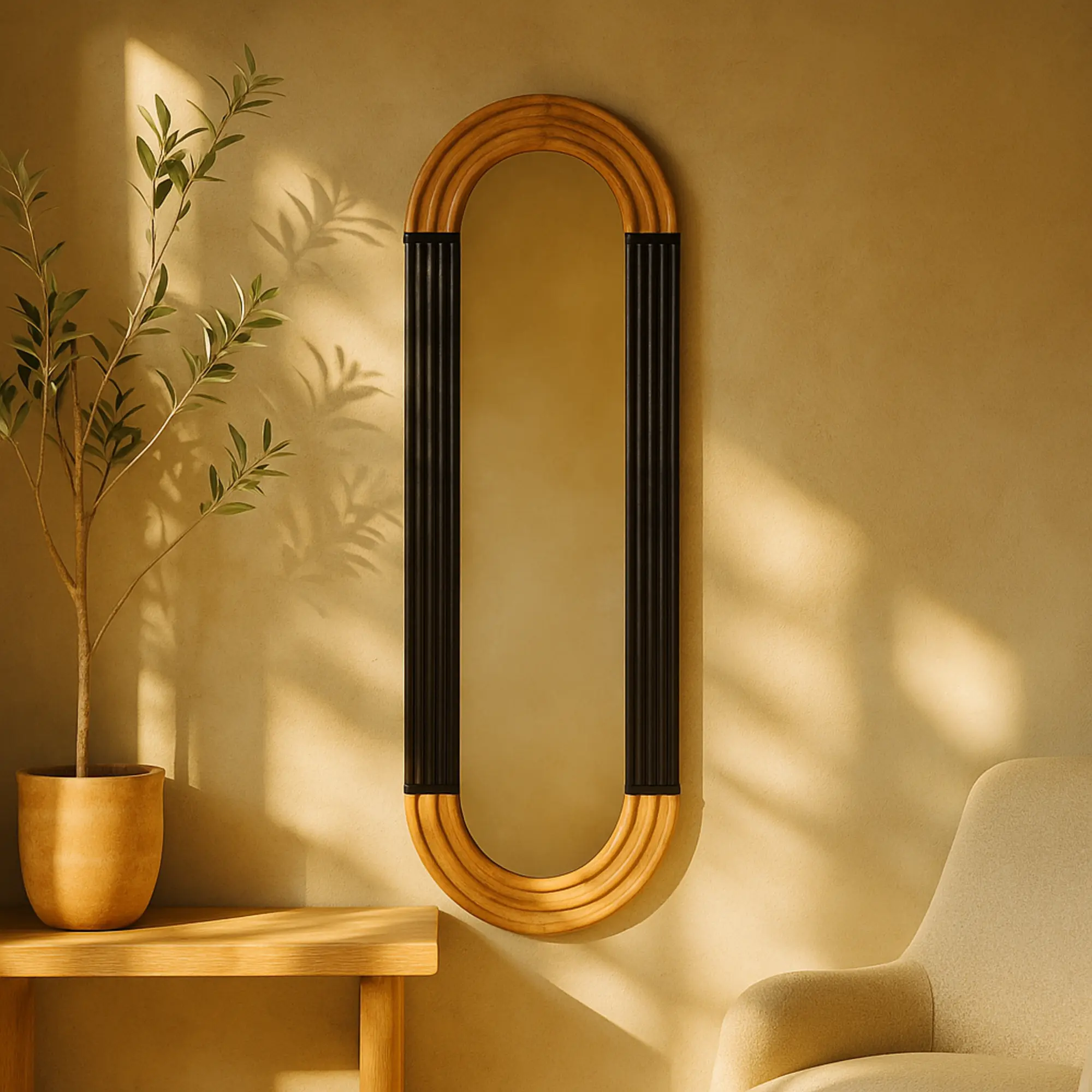 Wooden Ribbed Oval Wall Mirror with Brown Accents, Light Home Decor Piece for Entryway, Smooth Glass Surface