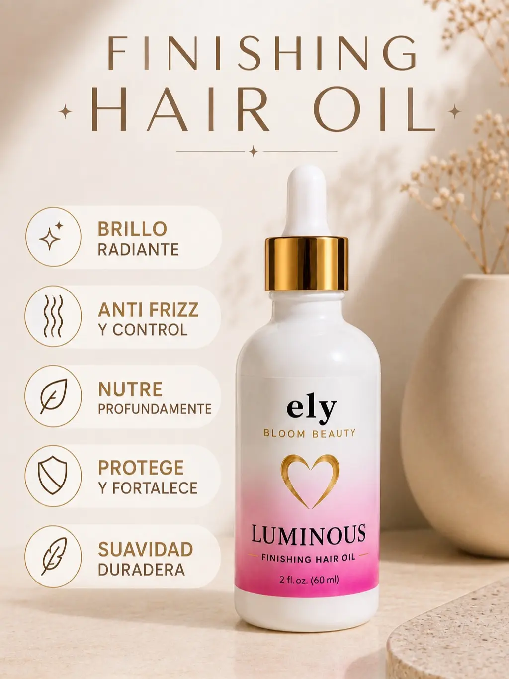 Ely Bloom Beauty Luminous Finishing Hair Oil, Haircare & Styling Serum for Hair Treatment Lightweight Smooth