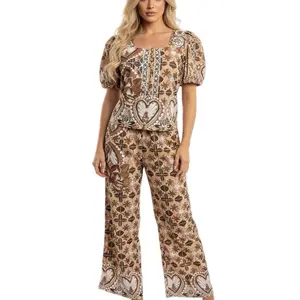 Elegant Pant Set with Intricate Floral Patterns and Puff Sleeves for Women Womenswear Clothes