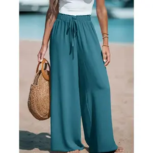 Women's Linen Wide Leg Pants, High Waist Flowy Palazzo Pants with Pockets Drawstring Summer Casual Work Trousers
