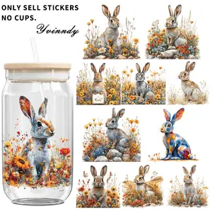 4PCS/SET Spring Flower Rabbit DIY Light Beigeny Tumblers Wrap Decorative transfer paper UV DTF High Self-adhensive Wraps Transfers Decor Transfer Paper On Cup