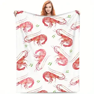 Luxury Watercolor Shrimp Seafood Four Seasons Flannel Warm Blanket, Comfortable Soft Sofa Bedroom Living Room Camping Travel Home Bed Decoration, 80 Inch X60 Inch