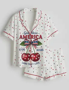 USA 250th Anniversary Patriotic Pajamas Satin Silk Set, 4th of July Pajamas Sets, USA Flag Coquette Bow Patriotic Premium Satin Pajamas, Gift For Her, Independence Day Fourth of July Pajama Set, Women Sleepwear