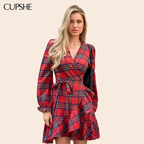 CUPSHE Women's Christmas Classic Red Plaid Belted Wrap Mini Dress - Longsleeves Blouson, Surplice V-Neck, Tie Waist, Ruffled Hem, Cotton-Poly Blend, Holiday-Ready Look - Casual Date Night Dress
