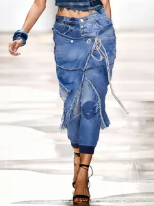 Elegant Women's Solid Denim Jeans with Drawstring, Two-Piece Design, Long Jeans for Ladies, Stylish Casual Wear, Perfect for All Seasons