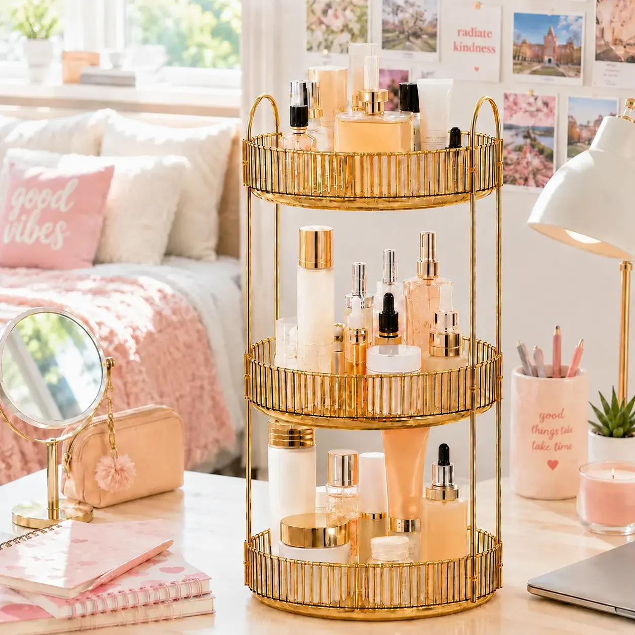 3-Tier 360 Rotating Gold Metal Acrylic Makeup Organizer, Cologne Stand Display for Vanity Countertop, Bathroom - Women's Home Storage Gift